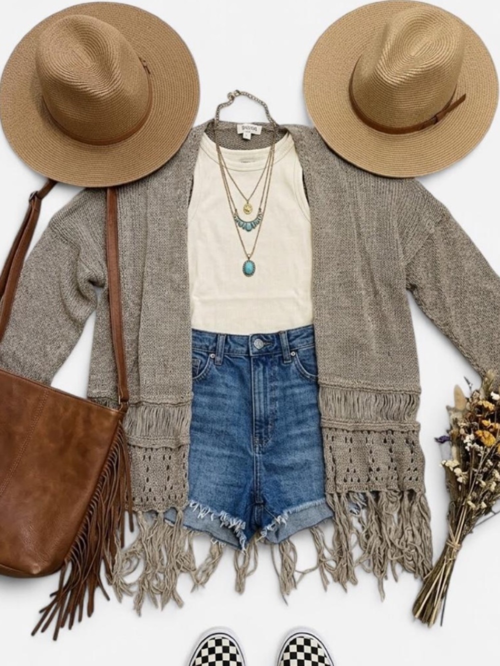 Boho Crochet Fringe Open Front Cardigan Medium Neutral Festival